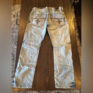 Rock Revival 34/32 Men's Light Blue Jeans with Embroidered Pockets